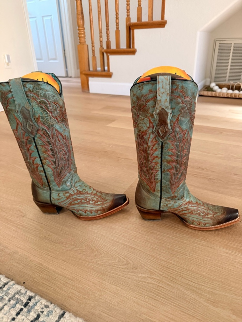 Turquoise and Brown Embroidered Leather Knee-High Heeled Boots - Picture 2 of 5